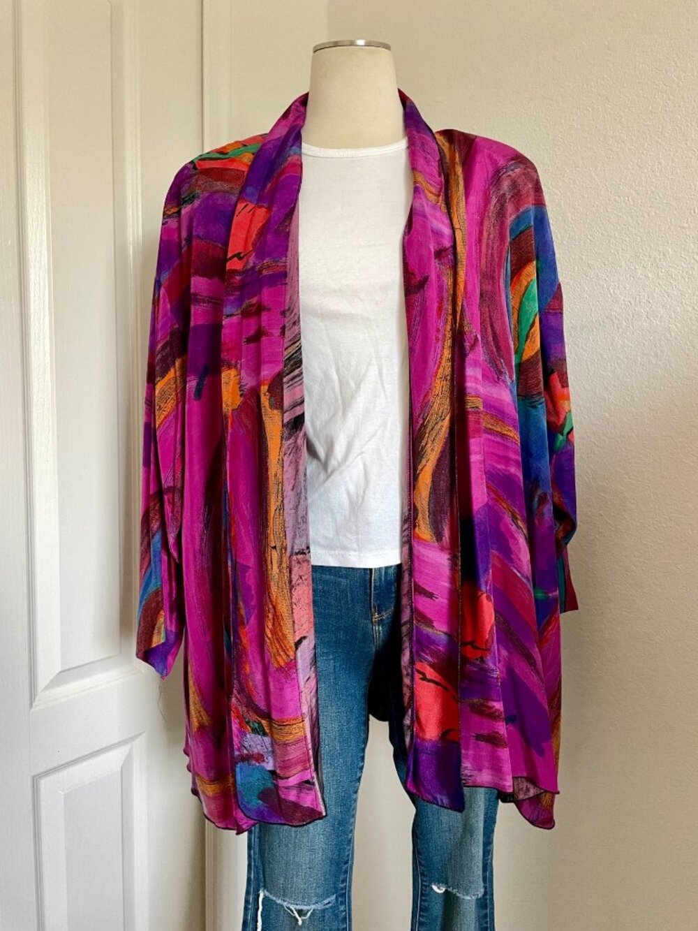Vintage Merle Chicago Colorful Abstract Print Open-Front Kimono-Style Jacket S/M